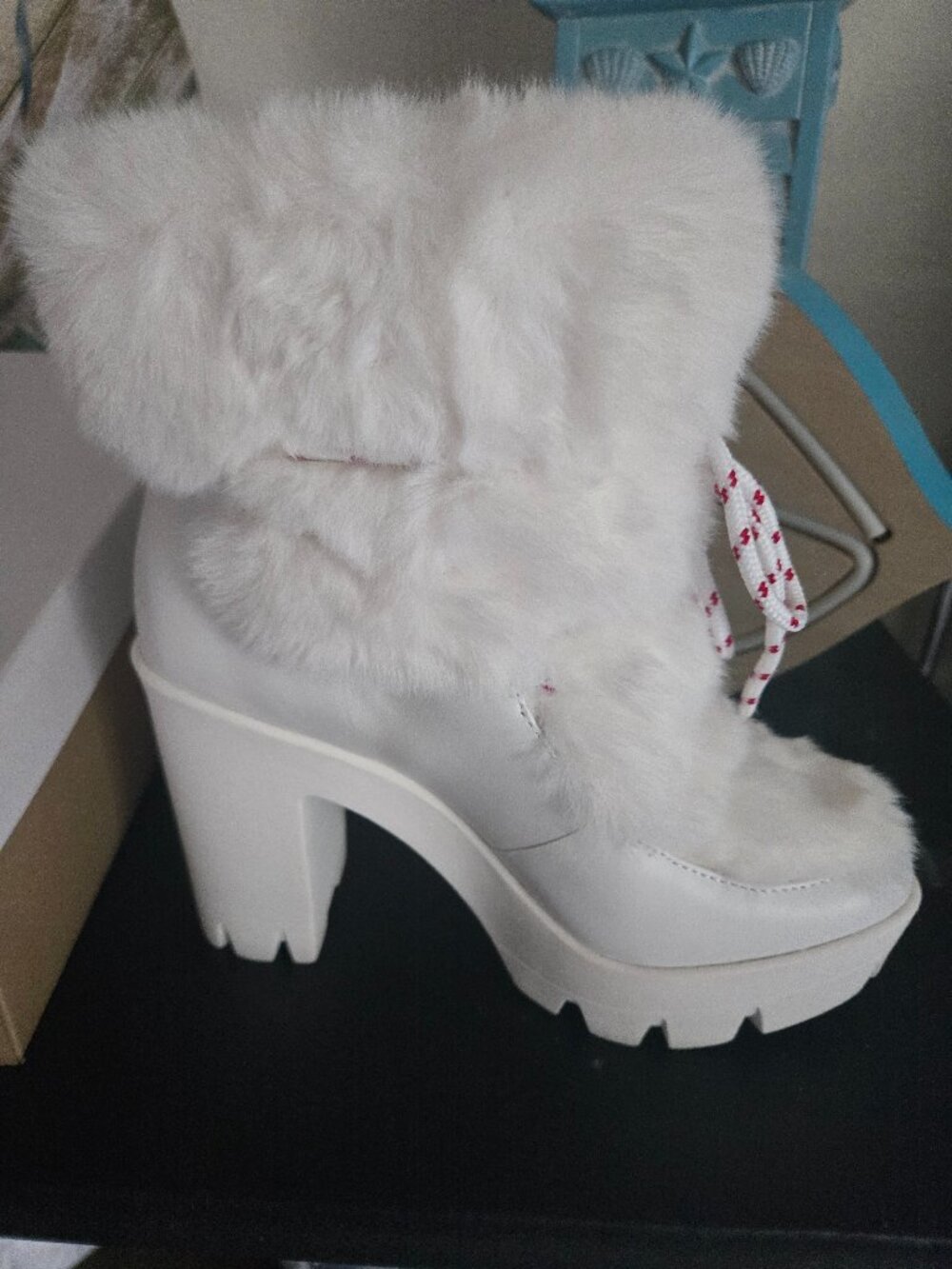 Jessica Simpson Mirie Faux Fur Platform Lug Sole Boot - White & Candy Cane Laces